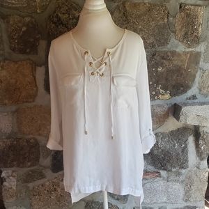 COMPANY ELLEN TRACY Womens Sz L White 100% Linen Laceup Hi-Low Tunic Top